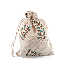 Polycotton(Polyester Cotton) Packing Pouches Drawstring Bags, with Printed Leaf, Wheat, 14x10cm