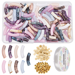 NBEADS About 250 Pcs Acrylic Curved Tube Beads Making Kit, 2 Styles 100 Pcs Colorful Imitation Gemstone Acrylic Beads 50 Pcs Round Brass Beads 100 Pcs Heishi Spacer Beads for Craft Jewelry Making