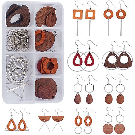 SUNNYCLUE DIY Wood Dangle Earring Making Kits, include Wood & Brass Pendants, Iron Jump Rings and Brass Earring Hooks, Mixed Color, 18x2.5mm, Hole: 1.6mm, 100pcs/box