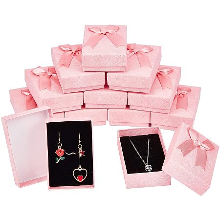 Cardboard Jewelry Boxes, with Ribbon Bowknot and Sponge, For Rings, Earrings, Necklaces, Rectangle, Pink, 9.3x6.3x3.05cm