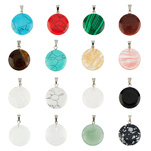 PANDAHALL ELITE Synthetic Gemstone & K9 Glass Pendants, with Platinum Tone Brass Bails, Flat Round, 22~25x19~21x5~7mm, Hole: 3x6mm, 16pcs/box