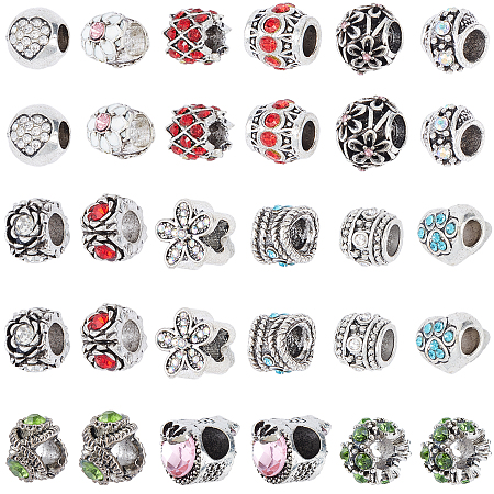 SUNNYCLUE Antique Silver Plated Alloy European Beads, Large Hole Beads, with Rhinestone, Mixed Shapes, Mixed Color, 30pcs/box