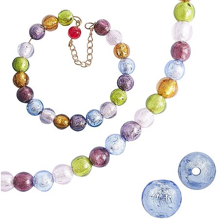 Handmade Silver Foil Lampwork Beads, Round, Mixed Color, 9.5~10mm, Hole: 1.5~2mm; 6 Colors, 4pcs/color, 24pcs/box