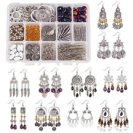 SUNNYCLUE DIY Earring Making, with Tibetan Style Alloy Chandelier Components, Connector Cabochon Settings, Handmade Glass Beads and Brass Earring Hooks, Mixed Color, 14x10.8x3cm