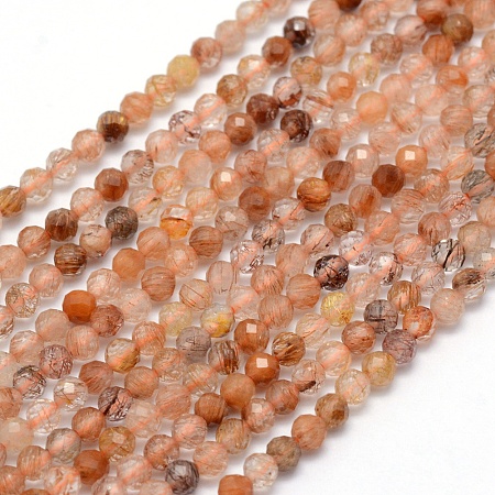 Arricraft Natural Rutilated Quartz Beads Strands, Round, Faceted, 3mm, Hole: 0.5mm, about 113pcs/strand, 15.35 inches(39cm)