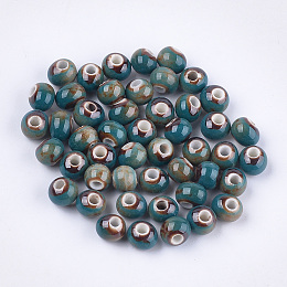 Honeyhandy Handmade Porcelain Beads, Fancy Antique Glazed Porcelain, Round, Cadet Blue, 6~7x5.5~6mm, Hole: 2~2.5mm