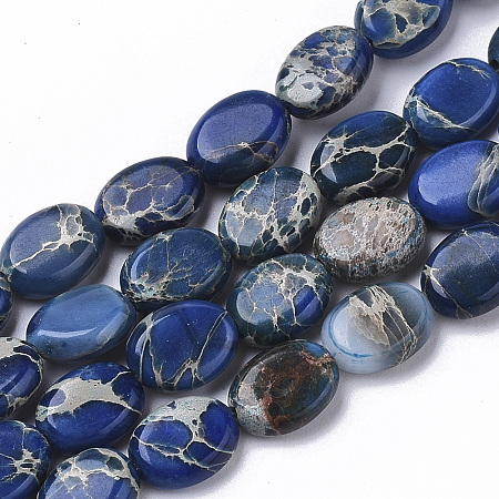 Arricraft Natural Imperial Jasper Beads Strands, Dyed, Oval, Blue, 8x6x3mm, Hole: 1mm , about 48~51pcs/Strand, 15.16 inches~15.94 inches(38.5~40.5cm)
