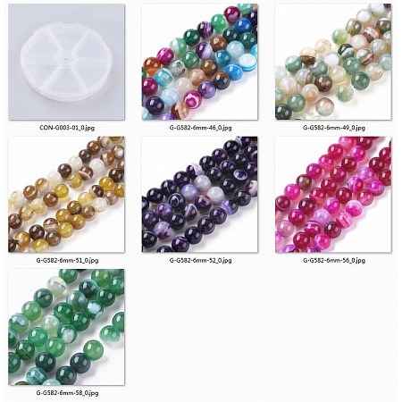 NBEADS Natural Striped Agate/Banded Agate Beads, Dyed & Heated, Round, Mixed Color, 6mm, Hole: 1mm, 120pcs/box