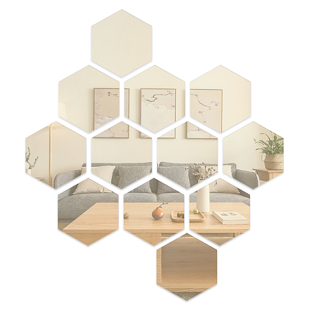Hexagon Mirror Wall Stickers, Self Adhesive Acrylic Mirror Sheets, for Home Living Room Bedroom Decor, Gold, 80x69x1mm, 12pcs/set