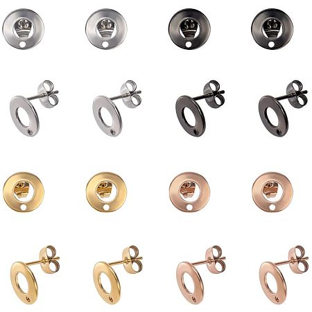 Arricraft 20 Pairs 4 Colors Stud Earring Findings, Flat Round 304 Stainless Steel Stud Earring with Loop for DIY Earring Making