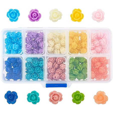 SUNNYCLUE Opaque Resin Beads, Rose Flower, Mixed Color, 9x7mm, Hole: 1mm; 200pcs/box