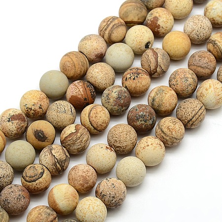 Arricraft Frosted Natural Picture Jasper Round Bead Strands, 10mm, Hole: 1mm, about 37~39pcs/strand, 14.9~15.6 inches