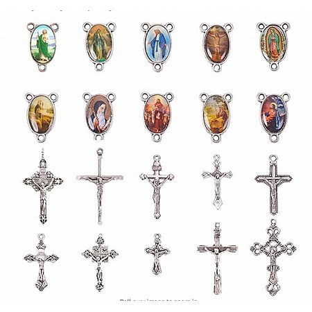 SUNNYCLUE Tibetan Style Alloy Cross Pendants, with Chandelier Component Links, for Religion, Antique Silver, 74x72x17mm, 40pcs/box