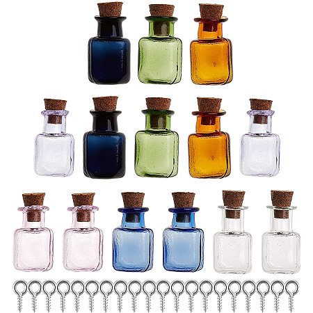 GORGECRAFT Gorgecraft Mini High Borosilicate Glass Bottles, with Cork Stoppers, Wishing bottles, with Iron Screw Eye Pin Peg Bails, Mixed Color, Bottle: 14pcs/set, Screw Eye Pin Peg Bails: 20pcs/set