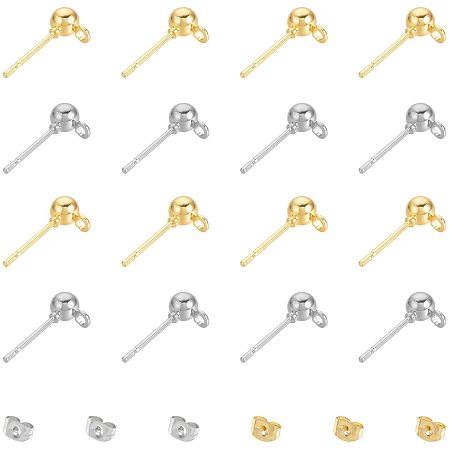 UNICRAFTALE Stainless Iron Ball Stud Earring Findings, with Loop and 304 Stainless Steel Ear Nuts, Golden & Stainless Steel Color, 240pcs/set