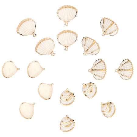 SUNNYCLUE Electroplate Sea Other Pendants & Charms, with Light Gold Plated Iron Findings, Seashell Color, 16pcs/box