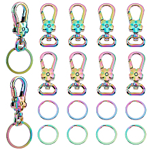 PandaHall Elite 10Pcs Flower Zinc Alloy Swivel Clasps, with 10Pcs Ion Plating(IP) 304 Stainless Steel Split Key Rings, Rainbow Color, Clasps: 44x17.5x8mm, Hole: 3x13mm; Key Rings: 25x2mm