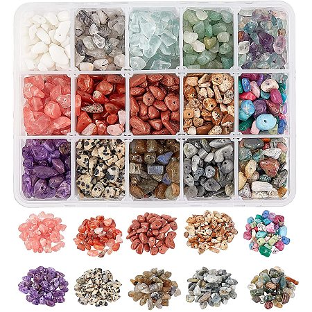 NBEADS About 360g Chip Gemstone Beads, 15 Colors Natural and Synthetic Gemstone Beads, Center Drilled Irregular Shaped Beads for DIY Jewelry Making
