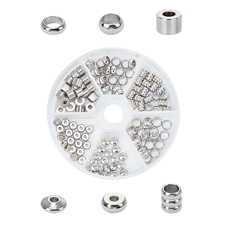 Unicraftale 304 Stainless Steel Spacer Beads, Column & Rondelle & Ring & Flat Round, Stainless Steel Color, 4.5~6x2~5mm, Hole: 1.5~5mm; 120pcs/box