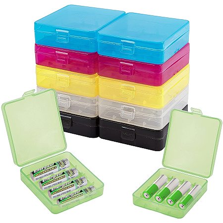 Plastic Battery Storage Box, with Iron Ring, Rectangle, Mixed Color, 8.2x7.2x2.3cm, Inner Size: 7.6x6.75cm, Hole: 8x13mm;  6 colors, 2pcs/color, 12pcs/set