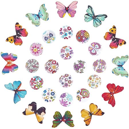 2-Hole Printed Wooden Buttons, Dyed, Flat Round, Mixed Color, 20.5x28x3mm, Hole: 2mm, 120pcs/Bag