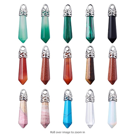 SUNNYCLUE Gemstone Pointed Pendants, with Platinum Tone Alloy Findings, Bullet, 33~40x8~9x8~9mm, Hole: 3x4mm, 10pcs/box