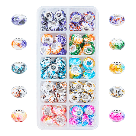 Resin European Beads, Large Hole Beads, with Silver Color Plated Brass Cores, Rondelle, Mixed Color, 14x9mm, Hole: 5mm; 10 Colors, 8pcs/color, 80pcs/box