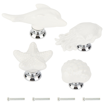 Gorgecraft Porcelain Drawer Knobs, with Zinc Alloy Finding and Iron Screw, for Home, Cabinet, Cupboard and Dresser, Mixed Shapes, White, 4sets/bag