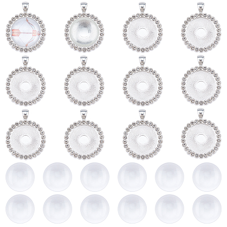 SUNNYCLUE DIY Pendant Making, with Flat Round Alloy Rhinestone Pendant Cabochon Settings and Transparent Glass Cabochons, Silver, Tray: 25mm; 43x34x3mm, Hole: 4x7mm; 12pcs/set