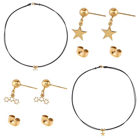 Unicraftale 304 Stainless Steel Pendant Tiered Necklaces and Dangle Stud Earrings Sets, with Double Layer Waxed Cord, Lobster Claw Clasps and Ear Nuts, Star, Golden, 17.51 inches~17.71 inches(44.5~45cm); 22mm, Pin: 0.8mm, 2sets/box