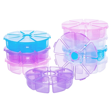 Transparent Plastic Bead Containers, 8 Compartments, Flat Round, Mixed Color, 10.5x2.7cm; 4 colors, 2pcs/color, 8pcs/set