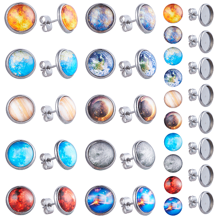 SUNNYCLUE DIY Earring Makings, with Half Round/Dome Planet Print Pattern Glass Cabochons, Stainless Steel Stud Earring Settings & Ear Nuts and Plastic Container, Stainless Steel Color, 7.4x7.2x1.7cm, about 130pcs/box