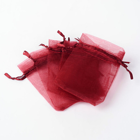 Organza Bags, Drawstring Pouches, Wedding Favour Bags Party Christmas Gift Bags, with Ribbons, Dark Red, 9x7cm