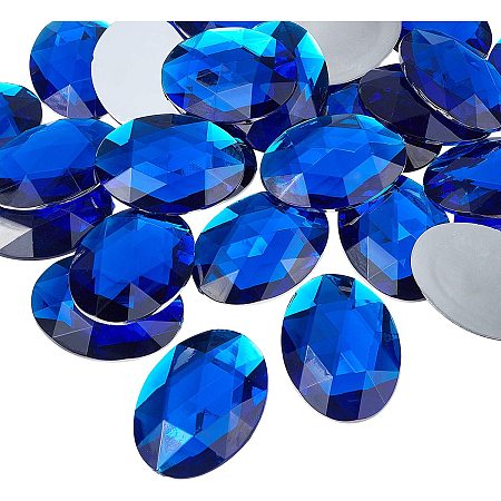 Acrylic Rhinestone Flat Back Cabochons, Faceted, Buttom Silver Plated, Oval, Blue, 40x30x7~7.5mm, 30pcs/box