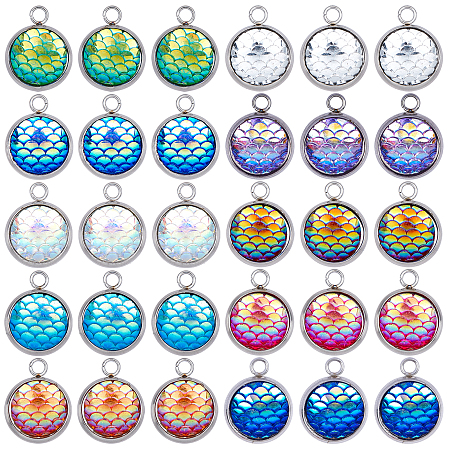 SUNNYCLUE Resin Pendants, with 304 Stainless Steel Cabochon Settings, Flat Round with Mermaid Fish Scale Shaped, Mixed Color, 18x14x3.5mm, Hole: 2mm, 10 Colors, 3pcs/color, 30pcs/box