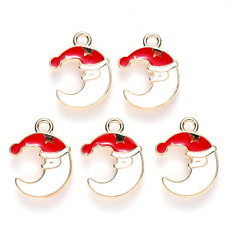 ARRICRAFT Alloy Enamel Pendants, for Christmas, Moon with Christmas Hat, Light Gold, White, 20x16x2mm, Hole: 2mm
