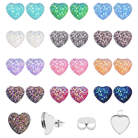Unicraftale DIY Stainless Steel Pendant & Stud Earring Making Kits, include Heart Pendant & Stud Earring Cabochon Settings, Resin Textured Cabochons, Mixed Color, Pendant Cabochon Settings: Tray: Cabochons: 12x11.5x3.5mm, 12 color, 8pcs/color, 96pcs/box