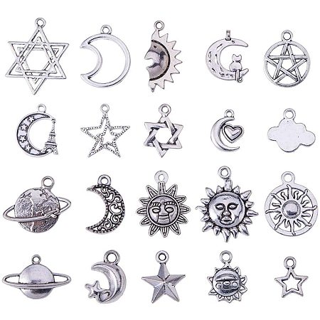 PandaHall Elite 40 Pcs Tibetan Alloy Stars Sun Moon Planet Universe Charms Pendants 20 Styles for Crafting, Jewelry Making Accessory Antique Silver