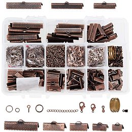 PandaHall Elite About 687 Pcs Iron Jewelry Findings Kits with Ribbon Clamp End, Jump Ring, Cord End, Lobster Claw Clasps, Screw Eye Pins, Extender Chain, Drop Ends for Jewelry Making Red Copper