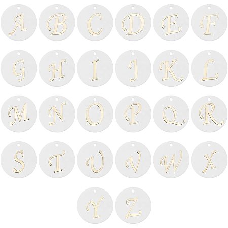 PANDAHALL ELITE Natural Freshwater Shell Pendants, with Golden Plated Brass Etched Metal Embellishments, Flat Round with Letter, Alphabet, Letter A~Z, 15x2mm, Hole: 1.2mm; 26pcs/set; 2sets/box