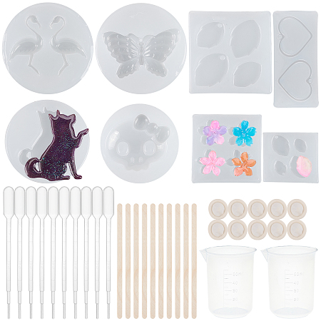 Olycraft DIY Silicone Molds Kits, Include Birch Wooden Craft Ice Cream Sticks and Plastic Transfer Pipettes, Latex Finger Cots, Plastic Measuring Cup, Mixed Shape, Clear, 49x13mm, Inner Diameter: 36x37mm