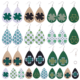 SUNNYCLUE DIY Earring Making, with PU Leather Big Pendants, Brass Earring Hooks and Iron Jump Rings, Teardrop, Green, 56x37x1.5mm, Hole: 1.2mm