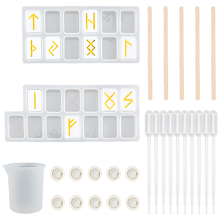 SUNNYCLUE DIY Runes & Moon Phase Shape Silicone Molds Kits, with Resin Casting Molds Sets, Disposable Plastic Transfer Pipettes & Latex Finger Cots, Birch Wooden Craft Ice Cream Sticks, Mixed Color, 150x72x10mm, 175x73x10mm, Inner Diameter: 20x30mm; 2pcs/set, 1set