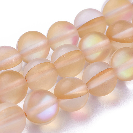 ARRICRAFT Synthetic Moonstone Beads Strands, Holographic Beads, Half AB Color Plated, Frosted, Round, Navajo White, 8mm, Hole: 1mm, about 46pcs/strand, 15 inches