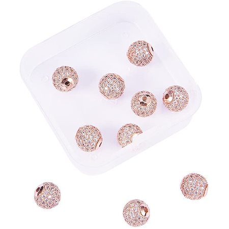 Rack Plating Brass Cubic Zirconia Beads, Long-Lasting Plated, Round, Rose Gold, 9.5~10x9~9.5mm, Hole: 2mm; 10pcs/box