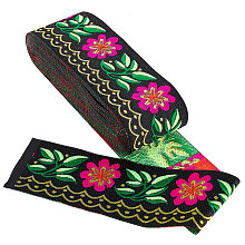 Gorgecraft Embroidery Polyester Ribbons, Jacquard Ribbon, Garment Accessories, Floral Pattern, Black, 51mm; about 7m/bundle