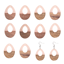 Olycraft Resin & Wood Pendants, Teardrop, Misty Rose, 37.5x28x3~3.5mm, Hole: 1.5mm, 10pcs/box