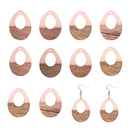 Olycraft Resin & Wood Pendants, Teardrop, Misty Rose, 37.5x28x3~3.5mm, Hole: 1.5mm, 10pcs/box