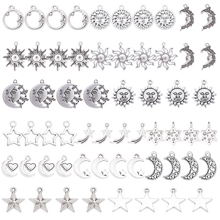 SUNNYCLUE Tibetan Style Alloy Pendants, Moon & Star & Sun, Antique Silver, 74x72x17mm; 60pcs/box