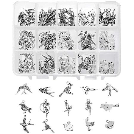 PandaHall Elite 90 Pieces 15 Style Antique Silver Tibetan Alloy Birds Charms for DIY Jewelry Making